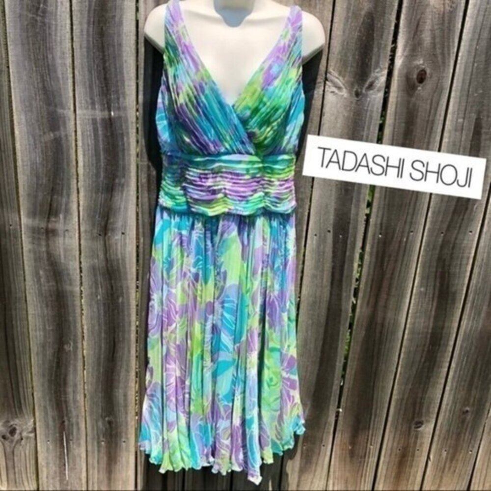 Tadashi Shoji Silk Floral Dress 12 Blue Green Purple Pleated Midi Sleeveless V